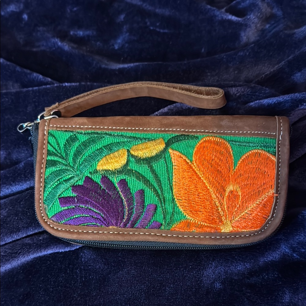 Handmade Mexican Brown and Orange Embroidered Floral Clutch